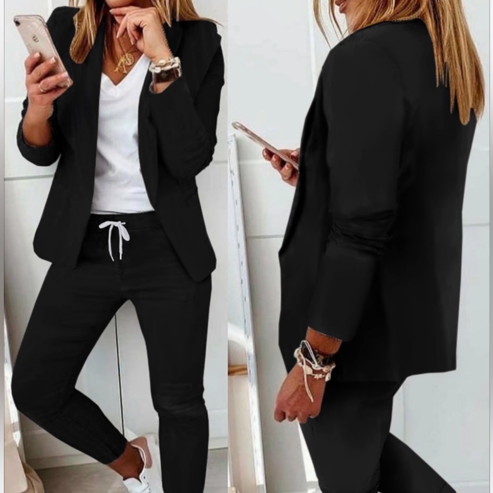 Two-piece, black/white plaid, casual pants/jacket set, Sz L (1st 2 pics STOCK)